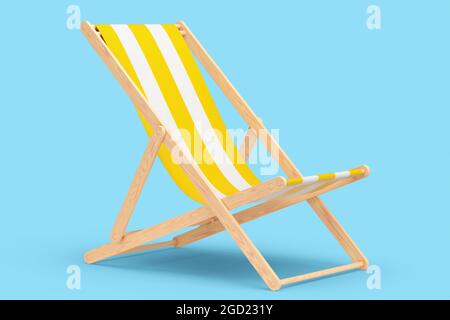 Chaise de plage à rayures jaunes isolée sur fond bleu. rendu 3d des vacances sur la plage et l'océan et des escapades estivales Banque D'Images