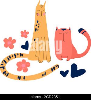 Illustration vectorielle amis-chatons et fleurs sur un fond. Mignon chat dessiné à la main, affiche pour l'impression sur les t-shirts, textiles, autocollants, cartes, invitations. Deux chats sont assis l'un à côté de l'autre Illustration de Vecteur