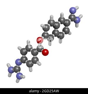 Molécule de Nafamostat (inhibiteur de sérine protéase). Rendu 3D. Banque D'Images