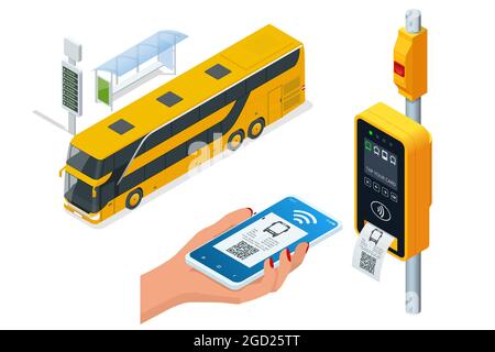 Validateur électronique isométrique du tarif des transports en commun. Paiement sans fil sans contact par téléphone mobile. Validateur de ticket de bus. Femme payant sans contact Illustration de Vecteur