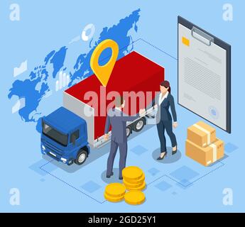 Entreprise d'exportation et d'importation isométrique. Les hommes d'affaires se sont fait une poignée de main au terminal à conteneurs industriels. Le réseau mondial de logistique camions transport maritime Illustration de Vecteur