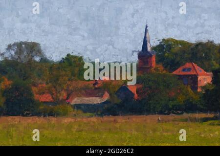 Peintures acryliques de la vue du village de Prietzen à Glueper Voir dans la région de Havelland. Église et bâtiments résidentiels. Banque D'Images