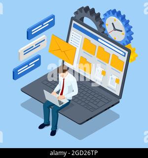 Concept de fichier isométrique dans la base de données. Les hommes d'affaires qui lisent des documents sont des graphiques financiers pour créer des emplois. Stockage de données dans le cloud et accès aux données à distance Illustration de Vecteur
