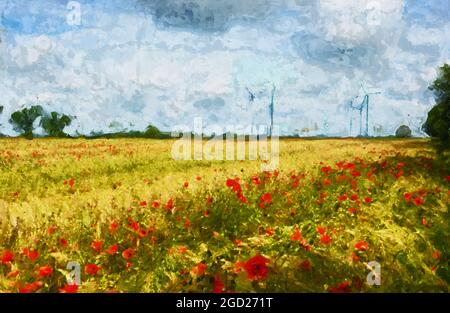 Peinture acrylique du champ de pavot en été. Banque D'Images