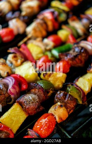 Griller des brochettes de kebab et de steak de poulet avec des oignons rouges, des poivrons et des tomates de raisin Banque D'Images