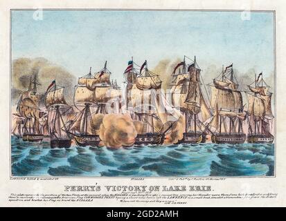 La victoire de Perry sur le lac Érié, par Napoléon Saronay. Lithographie de couleur main. Banque D'Images