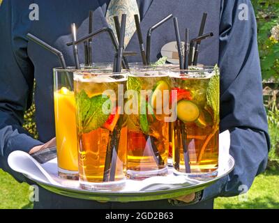 EN PLEIN AIR PIMMS BOISSONS HÔTEL VERRES service serveur été Pimm's menthe fruits verre plateau sur en plein air jardin terrasse de l'hôtel en plein air événement Banque D'Images