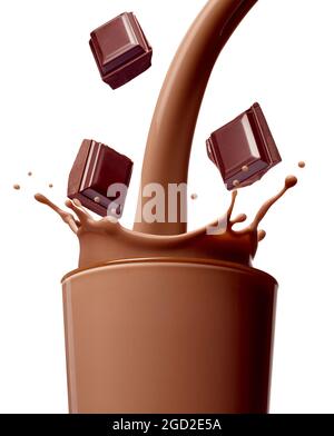 gros plan de la projection de lait au chocolat dans le verre et des morceaux de chocolat sur fond blanc Banque D'Images