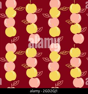 Pommes roses et jaunes sur fond bordeaux. Motif sans couture avec fruits colorés. Illustration de Vecteur