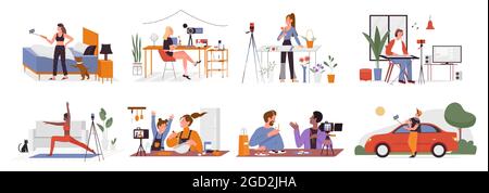 Blogger personnes font en ligne vidéo blog contenu ou canal dans les médias sociaux illustration de vecteur de tous les jours. Personnage de dessin animé de fille faisant de l'exercice de sport sur caméra, la cuisine de nourriture, la vie quotidienne isolée sur blanc Illustration de Vecteur