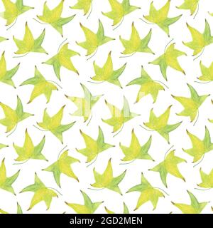 Jaune et verdâtre feuilles d'automne répéter le motif aquarelle saisonnière sans couture ornement pour le textile, papier cadeau, cartes, invitations n'importe quel design de vacances, vintage et romantique dessin à la main Banque D'Images