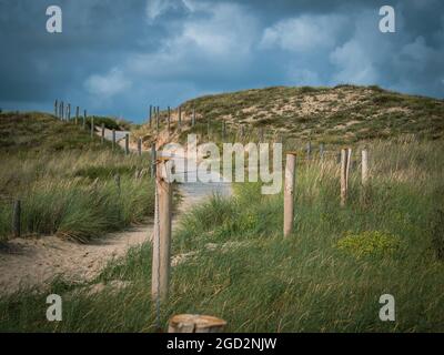 Une route sinueuse en bois menant vers le haut, une belle vue dans le ciel bleu d'arrière-plan et de l'herbe haute mer croissant dans les dunes Banque D'Images