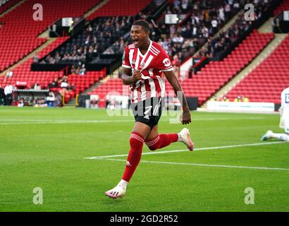 Le brasseur Rhian de Sheffield United célèbre son premier but lors du premier match de la Carabao Cup à Bramall Lane, Sheffield. Date de la photo: Mardi 10 août 2021. Banque D'Images