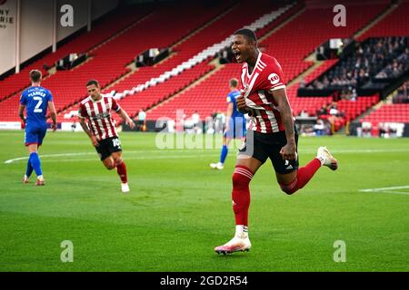 Le brasseur Rhian de Sheffield United célèbre son premier but lors du premier match de la Carabao Cup à Bramall Lane, Sheffield. Date de la photo: Mardi 10 août 2021. Banque D'Images