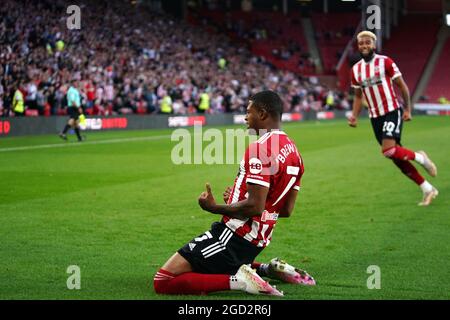 Le brasseur Rhian de Sheffield United célèbre son premier but lors du premier match de la Carabao Cup à Bramall Lane, Sheffield. Date de la photo: Mardi 10 août 2021. Banque D'Images