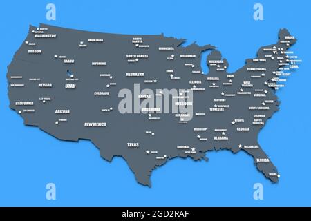 Carte de rendu tridimensionnel des États-Unis avec noms d'États dans des couleurs sombres, rendu 3D Banque D'Images