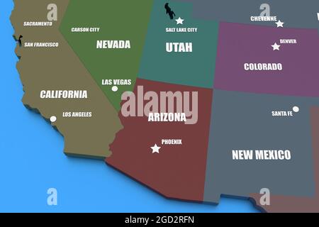 Carte de rendu tridimensionnel des États-Unis avec noms d'États dans des couleurs sombres, rendu 3D Banque D'Images