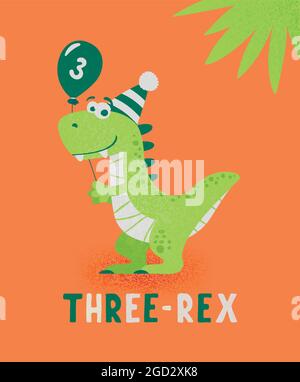 Dinosaure Tirannosaur trois Rex. Dessin animé Tirex. Carte d'anniversaire pour un enfant de trois ans. Motif vectoriel mignon et amusant dessin animé Dinosaur Illustration de Vecteur