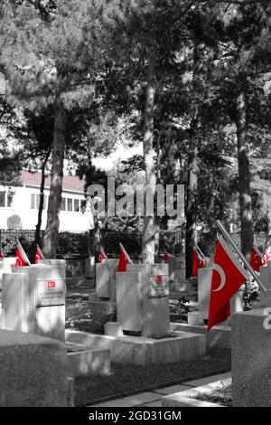 Pierres tombales des soldats turcs KIA (tué en action) avec des drapeaux turcs rouges au martyre de l'Airforce Monochrome avec filtre rouge Eskisehir/Turquie Banque D'Images
