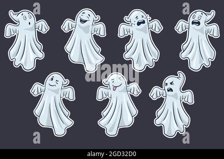 Ensemble d'autocollants dessins animés Ghosts. Collection de jolis livres d'halloween dessinés à la main. Vecteur Premium Illustration de Vecteur