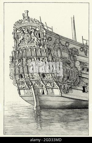 Poupe ornée du HMS Royal Charles, (1655), garde-corps anglais du XVIIe siècle, 80 navire de la ligne Banque D'Images