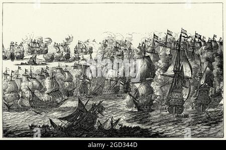 Illustration ancienne bataille navale entre les flottes anglaise et néerlandaise à Solebay, 7 juin 1672, XVIIe siècle Banque D'Images