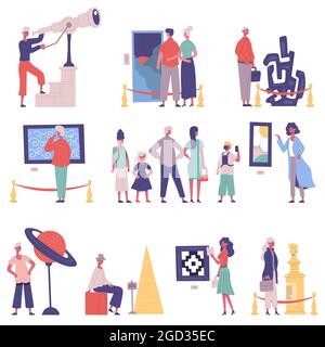 Galerie d'art, visiteurs d'expositions de musée et personnages guides. Ensemble d'illustrations vectorielles de dessins animés pour exposition de pièces d'exposition au musée. Les gens admirent le musée Illustration de Vecteur