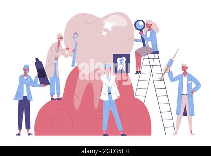 Stomatology dentistes personnages prennent soin de la dent géante. Service dentaire, soins médicaux, nettoyage de la plaque dentaire et caries vecteur jeu d'illustrations. Dentaire Illustration de Vecteur