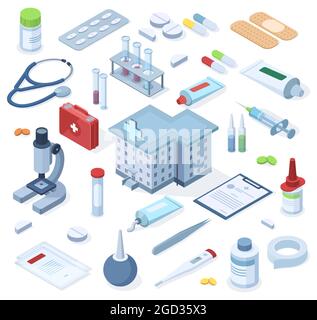 Fournitures pour trousses de premiers soins isométriques de pharmacie de soins de santé. Soins de santé pharmacie médicale, médicaments, bandage, stéthoscope vecteur jeu d'illustrations. Hôpital d'abord Illustration de Vecteur