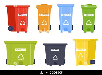 Ensemble de vecteurs de conteneur de corbeille avec icône de recyclage. Poubelle pour métal, e-déchets, plastique et verre, spécial et biologique, papier Illustration de Vecteur