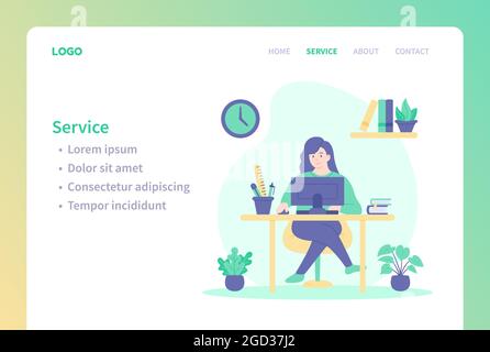 Modèle de page d'accueil de l'étude, du travail ou du service client. Femme devant l'ordinateur étudiant, travaillant ou le service à la clientèle. Illustration de la conception plate moderne Illustration de Vecteur