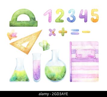 Set coloré d'aquarelle de retour à l'école fournitures pour enfants comprenant des règles, des nombres peints à la main, des articles de cours de chimie tels que des tubes à essai, cahier Banque D'Images