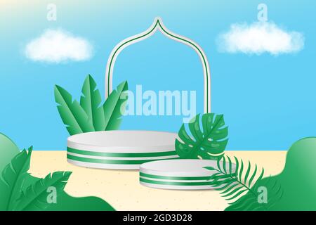 Magnifique exposition tropicale deux podiums décoration dans la nature avec des plantes tropicales réalistes. Présentation du produit adaptée à l'été. Illustration de Vecteur