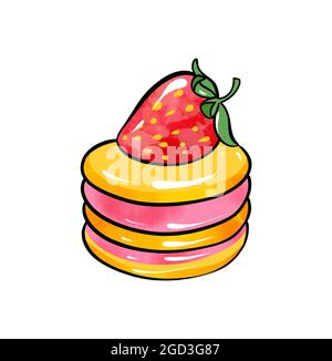 Illustration d'un dessin coloré de bonbons: Gâteau rond avec des gâteaux roses-jaunes trempés dans la crème et décorés avec des fraises rouges sur un fond blanc isolé. Illustration de haute qualité Banque D'Images