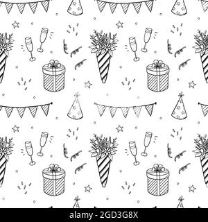 Motif festif sans coutures avec bouquets de fleurs, cadeaux et champagne. Illustration vectorielle dessinée à la main, style doodle. Parfait pour les motifs d'anniversaire, le papier d'emballage, les cartes, les invitations, les décorations. Illustration de Vecteur