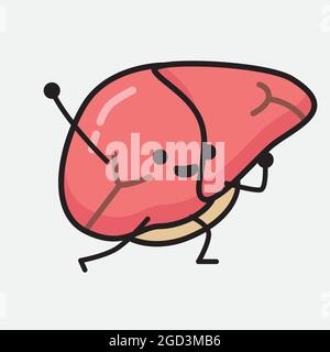 Illustration vectorielle du caractère du foie avec un visage mignon et une ligne de corps simple dessinant sur un arrière-plan isolé Illustration de Vecteur