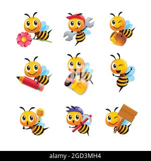 Ensemble de collection de dessin animé mignon abeille dans différentes poses. Abeille portant pot, fleur, crayon et panneau. Jeu de caractères vectoriels Illustration de Vecteur