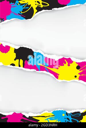 Papier déchiré avec des éclaboussures d'encre de couleurs CMJN. Papier déchiré avec emplacement pour votre image ou texte. Concept de présentation de l'impression couleur. Vecteur disponible. Illustration de Vecteur