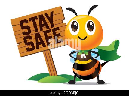 Abeille de dessin animé avec costume de super-héros debout à côté de grand panneau en bois avec texte de Stay Safe - personnage de vecteur Illustration de Vecteur