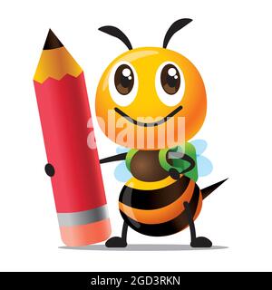 Retour à l'école. Un adorable personnage de dessin animé représentant une abeille tenant un gros crayon rouge et un sac d'école vert ours prêt à l'école. Illustration de Vecteur