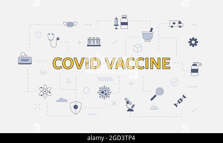 concept de vaccin covid-19 avec jeu d'icônes avec gros mot ou texte sur l'illustration du vecteur central Banque D'Images