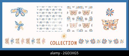 Collection abstraite de couleurs ludiques avec motif papillons découpé. Coupe en lino simple et sans couture pour un imprimé rétro pour enfant. Tendance Illustration de Vecteur