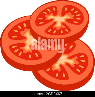 Tomate coupée en cercles. Tranches de légumes rouges, récolte pour faire de la pâte de tomate ou de la salade. Produit alimentaire pour une alimentation saine Illustration de Vecteur