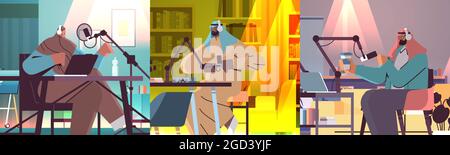 set arab podcasters parler à des microphones enregistrement vidéo blog en studio podcasting radio en ligne diffusion en direct Illustration de Vecteur