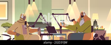 baladodiffusion arabe parlant à des microphones d'enregistrement de podcast en studio baladodiffusion radio en ligne concept Illustration de Vecteur