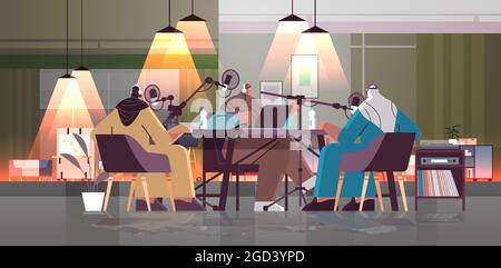 baladodiffusion arabe parlant à des microphones d'enregistrement de podcast en studio baladodiffusion radio en ligne concept Illustration de Vecteur