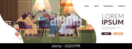 baladodiffusion arabe parlant à des microphones d'enregistrement de podcast en studio baladodiffusion radio en ligne concept Illustration de Vecteur