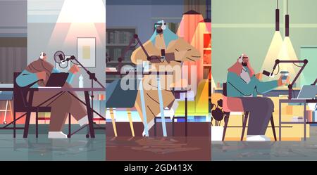 set arab podcasters parler à des microphones enregistrement vidéo blog en studio podcasting radio en ligne diffusion en direct Illustration de Vecteur