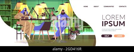 baladodiffusion arabe parlant à des microphones d'enregistrement de podcast en studio baladodiffusion radio en ligne concept Illustration de Vecteur