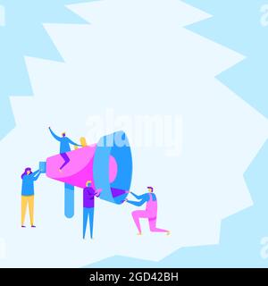 Quatre collègues effectuant des inspections à l'aide d'une grande mégaphone faisant la promotion de la coopération d'équipe. Coéquipiers faisant fonctionner un grand périphérique audio Bullhorn montrant le groupe Illustration de Vecteur